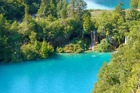 Summer landscape with beautiful waterfalls in the Plitvice Lakes in Croatiaの写真素材