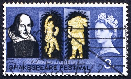 GREAT BRITAIN  CIRCA 1964: a stamp printed in the Great Britain shows Puck and Bottom from A Midsummer Nights Dream and Portrait of Shakespeare, circa 1964の写真素材