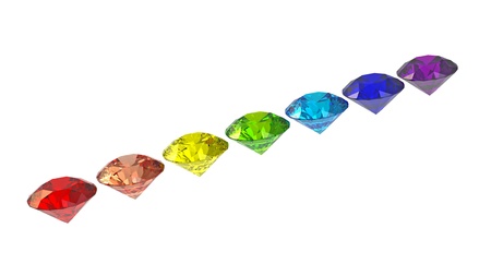 Seven diamonds in colors of rainbow 3d render isolated on whiteの写真素材