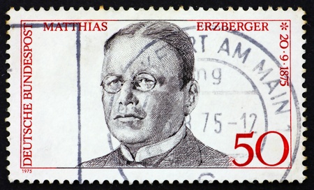 GERMANY - CIRCA 1975: a stamp printed in the Germany shows Matthias Erzberger, signer of Compiegne Armistice at end of World War I, circa 1975の写真素材