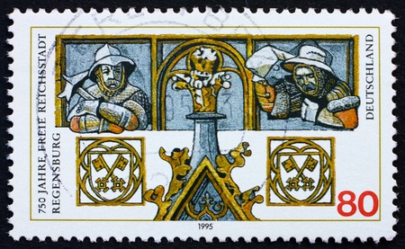GERMANY - CIRCA 1995: a stamp printed in the Germany shows City of Regensburg, 750th Anniversary, circa 1995の写真素材