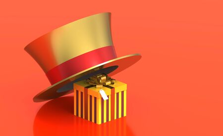 Gift box under golden hat, 3d renderの写真素材