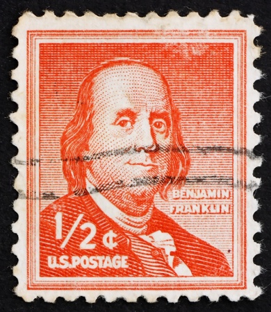 UNITED STATES OF AMERICA - CIRCA 1954: a stamp printed in the United States of America shows Benjamin Franklin, one of the Founding Fathers of the United States, circa 1954のeditorial素材