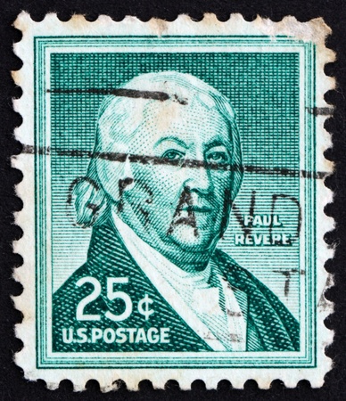 UNITED STATES OF AMERICA - CIRCA 1954: a stamp printed in the United States of America shows Paul Revere, patriot in the American Revolution, circa 1954の写真素材