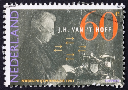 NETHERLANDS - CIRCA 1991: a stamp printed in the Netherlands shows Jacobus H. Vant Hoff, Dutch Nobel Prize Winner in Chemistry, circa 1991のeditorial素材