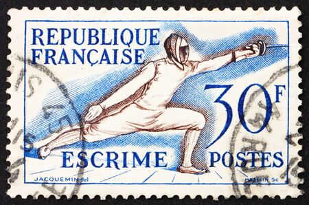 FRANCE - CIRCA 1953: a stamp printed in the France shows Fencing, circa 1953