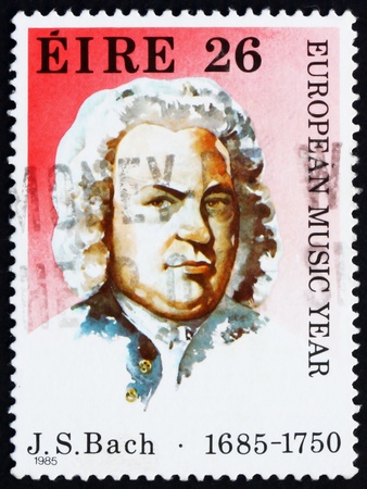 IRELAND - CIRCA 1985: a stamp printed in the Ireland shows Johann Sebastian Bach, Composer, circa 1985のeditorial素材