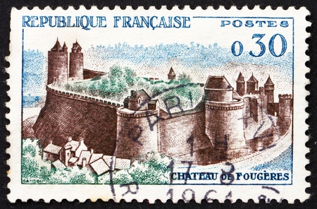 FRANCE - CIRCA 1960: a stamp printed in the France shows Chateau Fougeres, France, circa 1960の写真素材