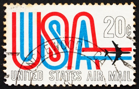UNITED STATES OF AMERICA - CIRCA 1968: a stamp printed in the USA shows USA and Jet, circa 1968の写真素材