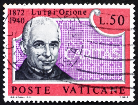 VATICAN - CIRCA 1972: a stamp printed in the Vatican shows Luigi Orione, Secular Priest, Founder of CARITAS, Catholic Welfare Organization, circa 1972のeditorial素材