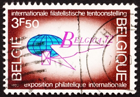 BELGIUM - CIRCA 1972: a stamp printed in the Belgium shows Belgica 72 Emblem, International Philatelic Exhibition, Brussels, circa 1972のeditorial素材