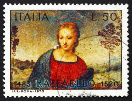 ITALY - CIRCA 1970: a stamp printed in the Italy shows Madonna of the Goldfinch, Detail, by the Italian Painter Raphael, circa 1970のeditorial素材