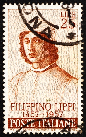 ITALY - CIRCA 1957: a stamp printed in the Italy shows Filippino Lippi, Painter, 500th Anniversary of Birth of Filippino Lippi, circa 1957のeditorial素材