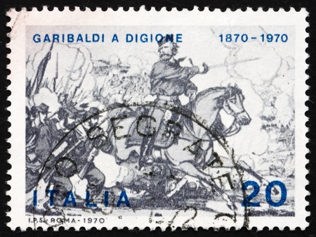 ITALY - CIRCA 1970: a stamp printed in the Italy shows Giuseppe Garibaldi at Battle of Dijon, Centenary of Garibaldis Participation in the Franco-Prussian War, circa 1970のeditorial素材