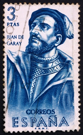 SPAIN - CIRCA 1962: a stamp printed in the Spain shows Juan de Garay, Conquistador, Builders of the New World, circa 1962のeditorial素材