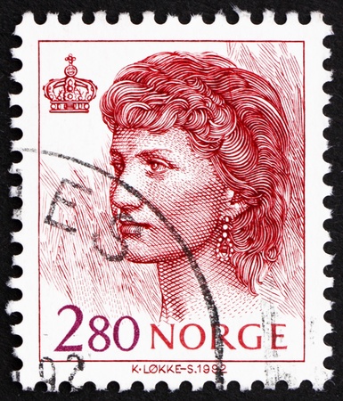 NORWAY - CIRCA 1992: a stamp printed in the Norway shows Queen Sonja of Norway, circa 1992のeditorial素材