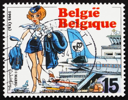 BELGIUM - CIRCA 1993: a stamp printed in the Belgium shows Air Hostess Natacha, by Francois Walthery, circa 1993のeditorial素材