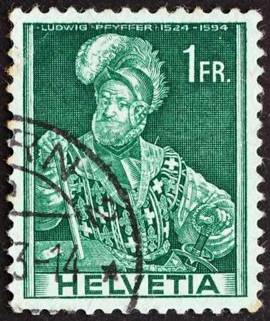 SWITZERLAND - CIRCA 1941: a stamp printed in the Switzerland shows Ludwig Pfyffer, Swiss Military Leader, circa 1941のeditorial素材