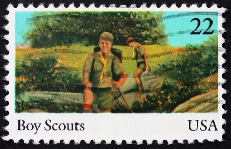 UNITED STATES OF AMERICA - CIRCA 1985: a stamp printed in the USA shows Boy scouts, 75th anniversary of Boy scouts of America, circa 1985 UNITED STATES OF AMERICA - CIRCA 1985: a stamp printed in the USA shows Boy scouts, 75th anniversary of Boy scouts of America, circa 1985