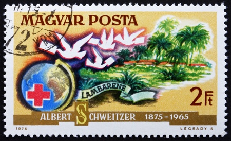HUNGARY - CIRCA 1975: a stamp printed in the Hungary shows Hospital Lambarene, Dr. Albert Schweitzer, Medical Missionary and Musician, circa 1975のeditorial素材