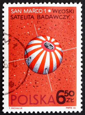 POLAND - CIRCA 1966: a stamp printed in the Poland shows San Marco 1, Italian Satellite, circa 1966のeditorial素材