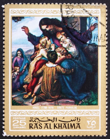 RAS AL-KHAIMAH - CIRCA 1970: a stamp printed in the Ras al-Khaimah shows Sinite Parvulos, Painting by Ludwig Vogel, Life of Jesus Christ, circa 1970のeditorial素材