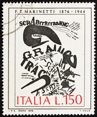 ITALY - CIRCA 1976: a stamp printed in the Italy shows The Gunners Letter, Painting by F. T. Marinetti, circa 1976のeditorial素材