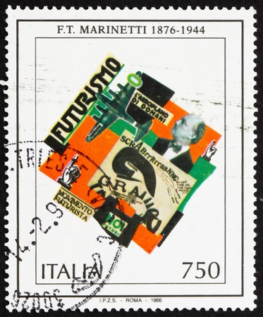 ITALY - CIRCA 1996: a stamp printed in the Italy shows F. T. Marinetti, Poet and Ideologue, circa 1996のeditorial素材