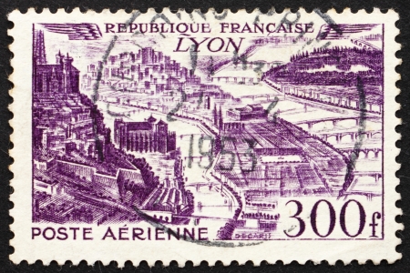 FRANCE - CIRCA 1949: a stamp printed in the France shows Aerial view of Lyon, France, circa 1949のeditorial素材