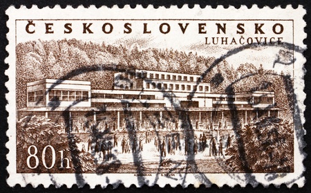 CZECHOSLOVAKIA - CIRCA 1958: a stamp printed in the Czechoslovakia shows Luhacovice, Spa Town, Moravia, circa 1958のeditorial素材