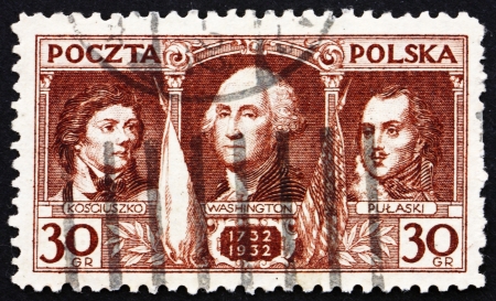 POLAND - CIRCA 1932: a stamp printed in the Poland shows Kosciuszko, Washington, Pulaski, 200th Anniversary of the Birth of George Washington, circa 1932のeditorial素材
