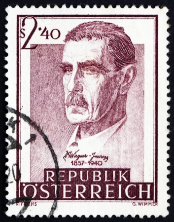 AUSTRIA - CIRCA 1957: a stamp printed in the Austria shows Dr. Julius Wagner-Jauregg, Psychiatrist, Nobel Laureate, Centenary of the Birth, circa 1957のeditorial素材