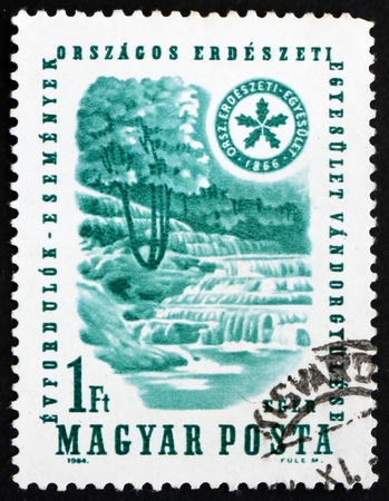 HUNGARY - CIRCA 1964: a stamp printed in the Hungary shows Waterfall and Forest, Nature, circa 1964のeditorial素材