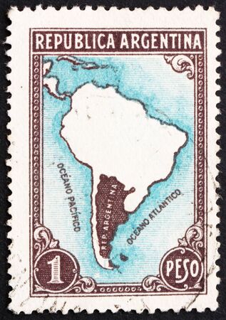 ARGENTINA - CIRCA 1936: a stamp printed in the Argentina shows Map of South America, circa 1936のeditorial素材