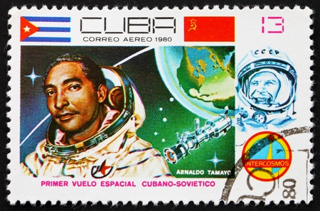 CUBA - CIRCA 1980: a stamp printed in the Cuba shows Arnaldo Tamayo Mendez, 1st Soviet-Cuban Joint Space Flight, Intercosmos Program, Space Program of the Soviet Union, circa 1980のeditorial素材