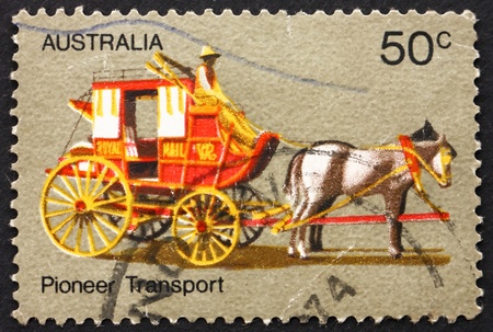 AUSTRALIA - CIRCA 1972: a stamp printed in the Australia shows Coach Transport, Australian Pioneer Life, circa 1972のeditorial素材