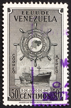 VENEZUELA - CIRCA 1949: a stamp printed in the Venezuela shows Ship, M. S. Republica de Venezuela, circa 1949のeditorial素材