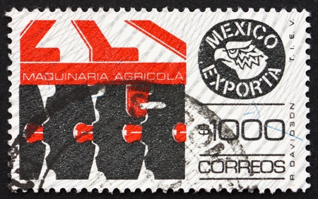 MEXICO - CIRCA 1988: a stamp printed in the Mexico shows Agricultural Machinery, Mexican Export,...