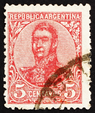 ARGENTINA - CIRCA 1908: a stamp printed in the Argentina shows Jose de San Martin, General, circa 1908のeditorial素材