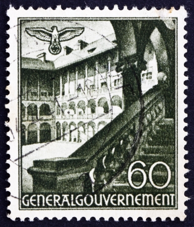POLAND - CIRCA 1940: a stamp printed in the Poland under German Occupation shows Courtyard, Cracow, circa 1940のeditorial素材