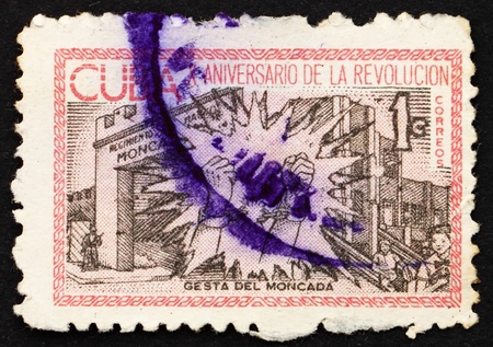 CUBA - CIRCA 1963: a stamp printed in the Cuba shows Broken Chains at Moncada, 10th Anniversary of...