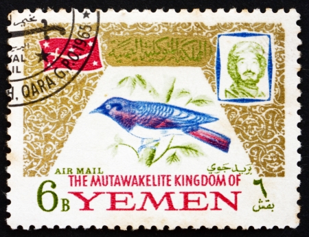 YEMEN - CIRCA 1965: a stamp printed in the Yemen shows Cinnyricinclus Leucogaster, Bird, Portrait of Imam Mohammed al-Badr, circa 1965のeditorial素材