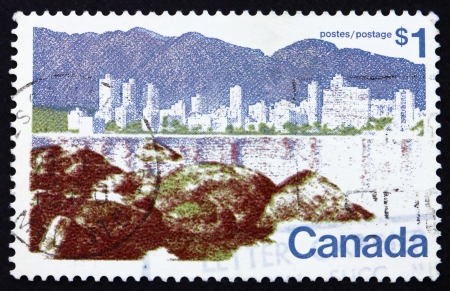 CANADA - CIRCA 1972: a stamp printed in the Canada shows Vancouver, British Columbia, circa 1972のeditorial素材