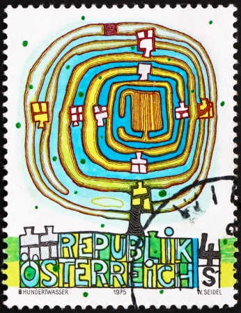 AUSTRIA - CIRCA 1975: a stamp printed in the Austria shows The Spiral Tree, by Friedenstreich Hundertwasser, circa 1975のeditorial素材