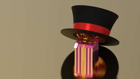 Gift box under hat on golden background, 3d renderの写真素材