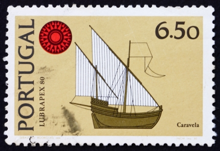 PORTUGAL - CIRCA 1980: a stamp printed in the Portugal shows Caravel, Lubrapex 80 Emblem, Stamp Exhibition, Lisbon, circa 1980のeditorial素材