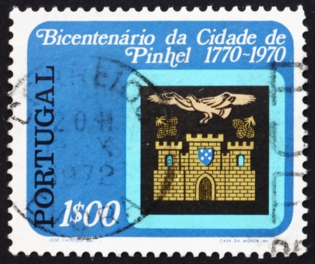 PORTUGAL - CIRCA 1972: a stamp printed in the Portugal shows Arms of Pinhel, Bicentenary of Pinhel as a Town, circa 1972のeditorial素材