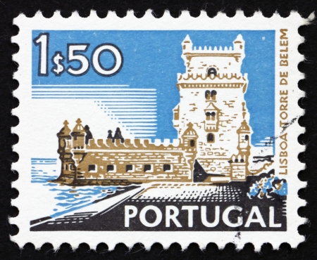 PORTUGAL - CIRCA 1972: a stamp printed in the Portugal shows Belem Tower, Lisbon, circa 1972のeditorial素材