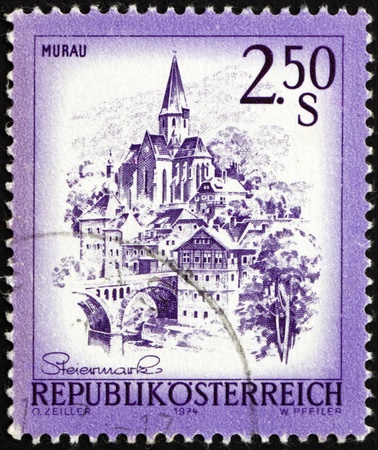 AUSTRIA - CIRCA 1974: a stamp printed in the Austria shows Murau, Styria, circa 1974のeditorial素材