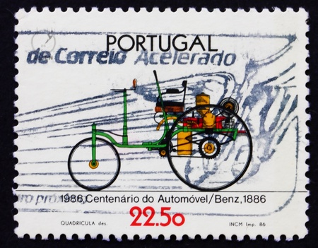PORTUGAL - CIRCA 1986: a stamp printed in the Portugal shows Benz, 1886, Automobile Centenary, circa 1986のeditorial素材